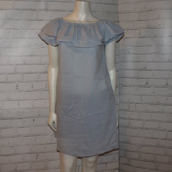💙 POOF! Off-the-Shoulder Dress · White & Blue · Size S - Picture 1 of 6